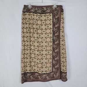 SAG HARBOR‎ Size 14 Brown Faux Wrap Elastic Waist Paisley Medallion Scarf Skirt